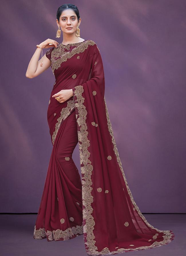 Silk Georgette Maroon Wedding Wear Embroidery Work Saree